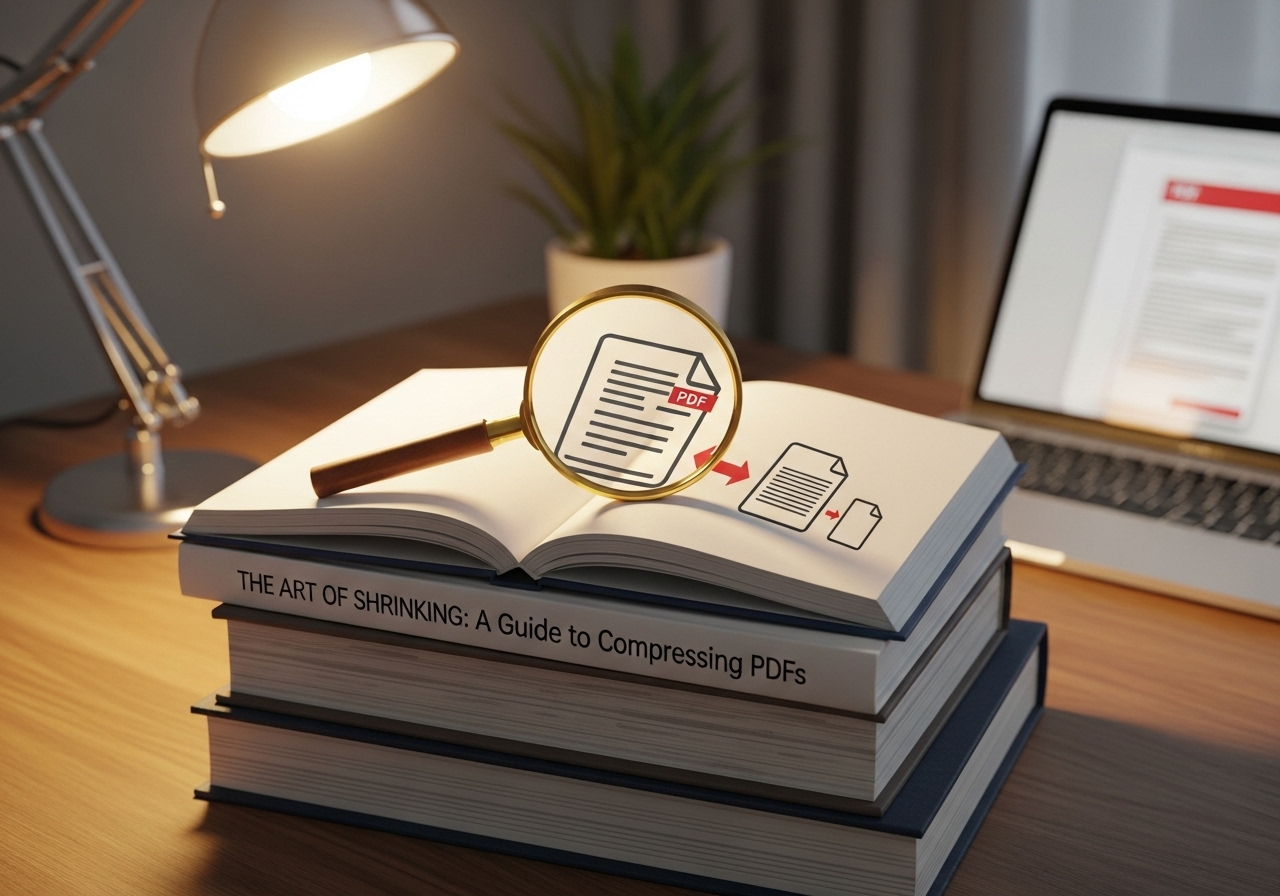 A large PDF file being compressed into a smaller, more manageable size