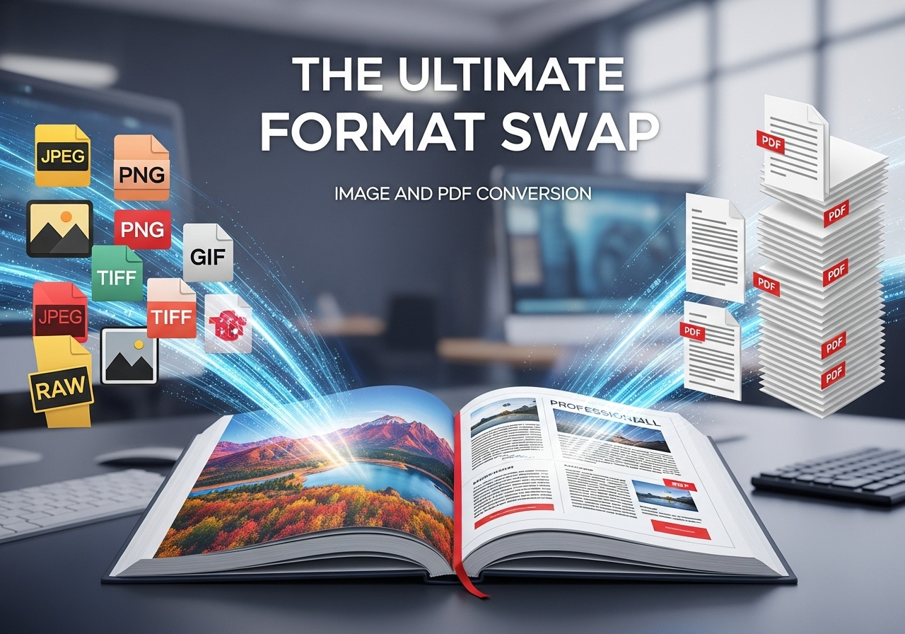 An arrow showing the conversion process between image files and a PDF document